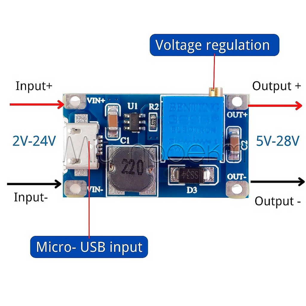 MT3608 Повышающий регулируемый DC-DC модуль с micro-USB разъемом