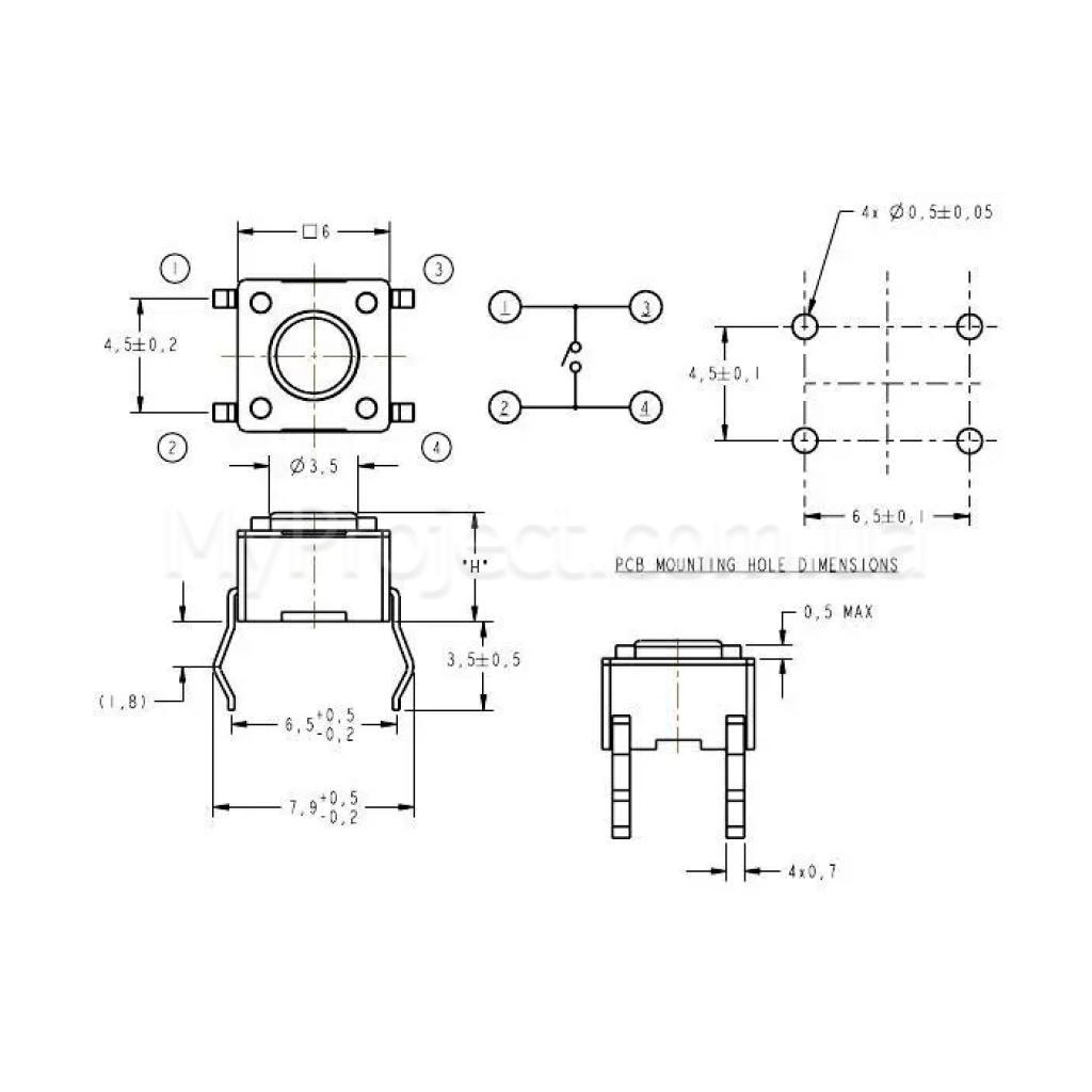 Кнопка тактовая TACT (6x6х5 - 6x6х6 - 6x6х7 - 6x6х9 - 6x6х12 мм)