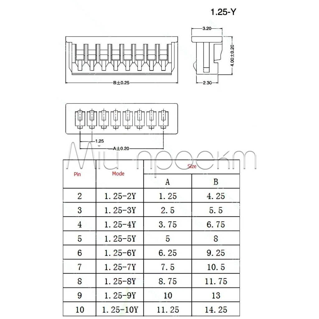 Миниатюрный разъем JST PH 1.25-2P-3P-4P-5P-6P-7P-8P-9P-10P-11P-12P-FM (коннектор 1.25мм мама на проводе 10см)