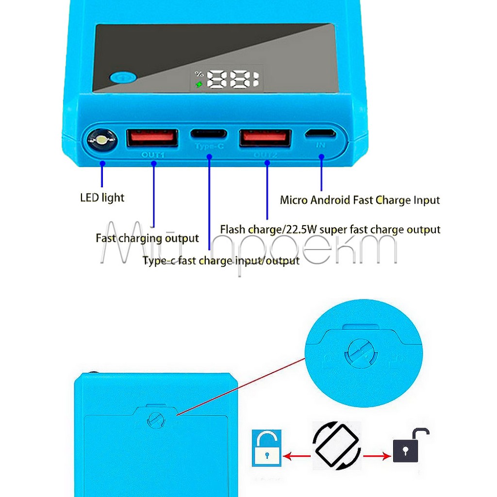 Корпус Power Bank до 10 аккумуляторов 18650 (2хUSB, microUSB, Type-C, 3А, LCD экран, QC 3.0)