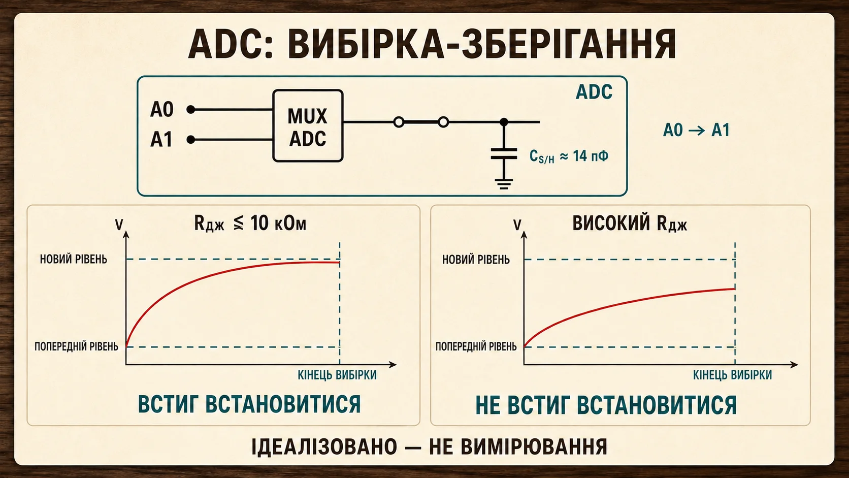 Мультиплексор ADC заряджає 14-пікофарадний конденсатор швидко від низькоомного та повільно від високоомного джерела