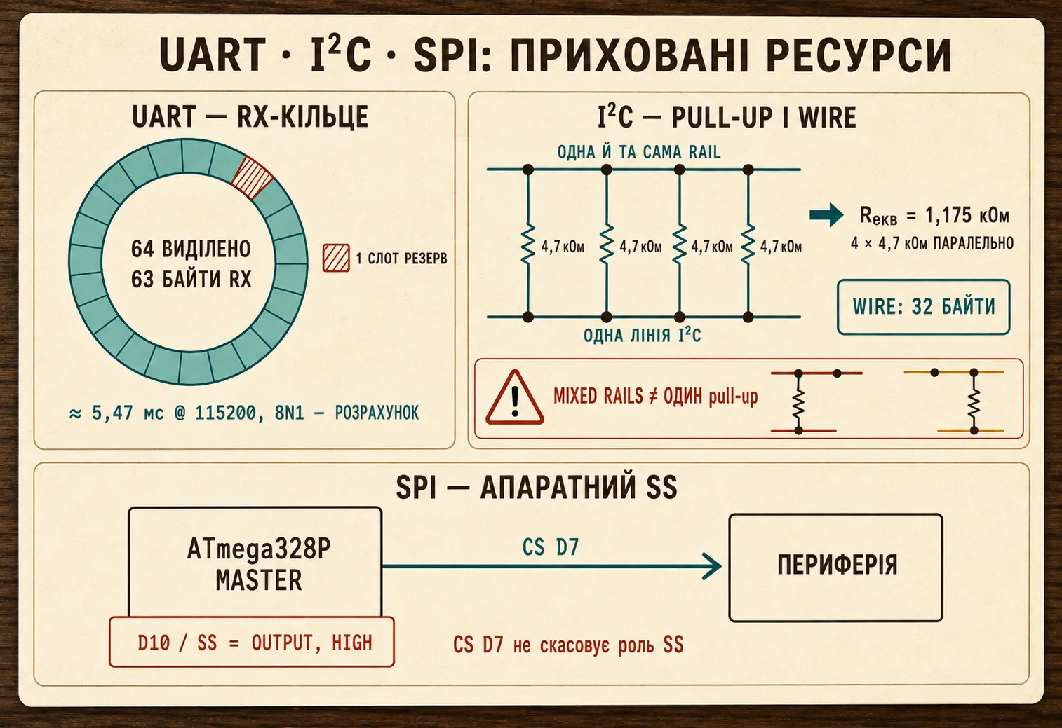 Три картки прихованих ресурсів Uno: 63-байтове RX-кільце UART, pull-up і 32-байтовий Wire для I²C, апаратний SS D10 для SPI