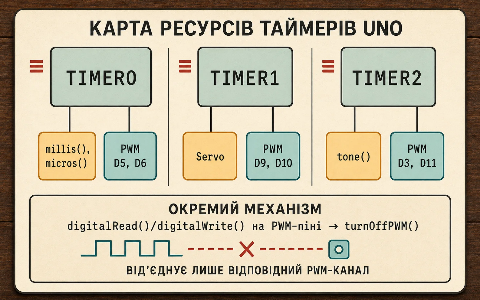 Карта таймерів Arduino Uno: Timer0 для часу й PWM D5/D6, Timer1 для Servo та D9/D10, Timer2 для tone та D3/D11