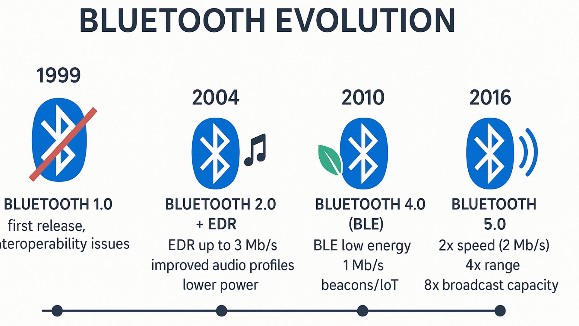 Еволюція версій Bluetooth від 1999 до 2016