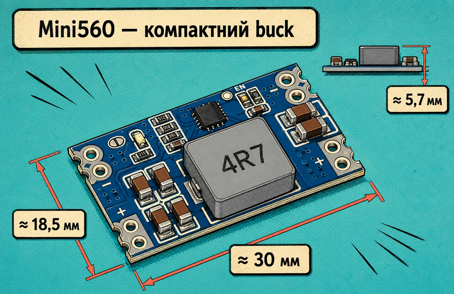 Стилізований компактний модуль Mini560 із позначеними орієнтовними габаритами