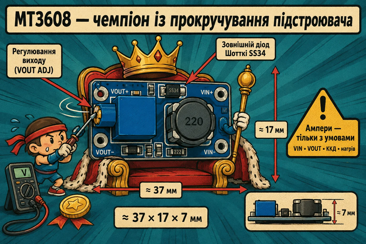 Жартівливе зображення популярного модуля MT3608 з багатообертовим підстроювачем