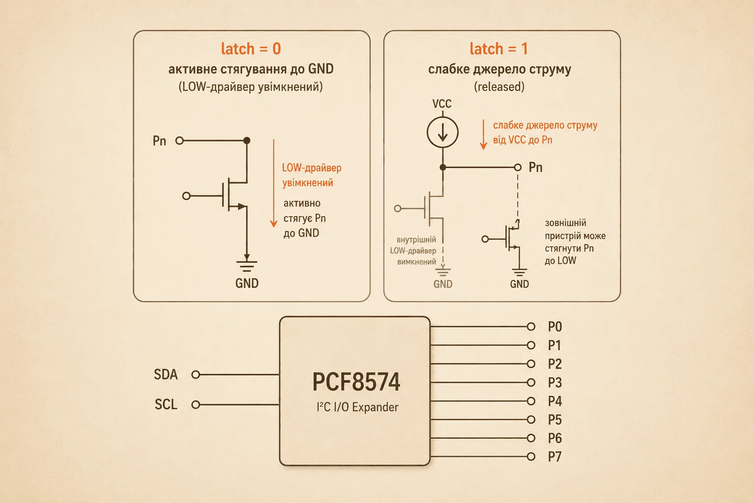 PCF8574 між шиною I²C та вісьмома лініями, для яких HIGH означає відпущений стан