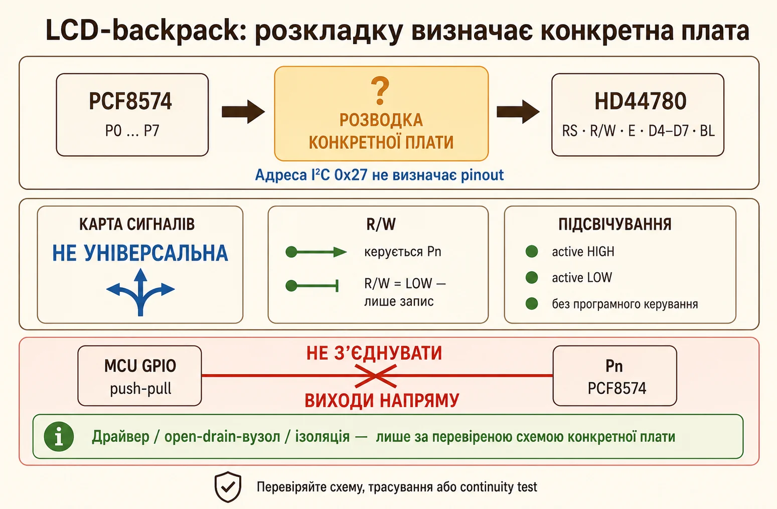 Варіанти LCD-backpack: різні відповідності P0–P7, керований або недоступний R/W та різна полярність транзистора підсвічування
