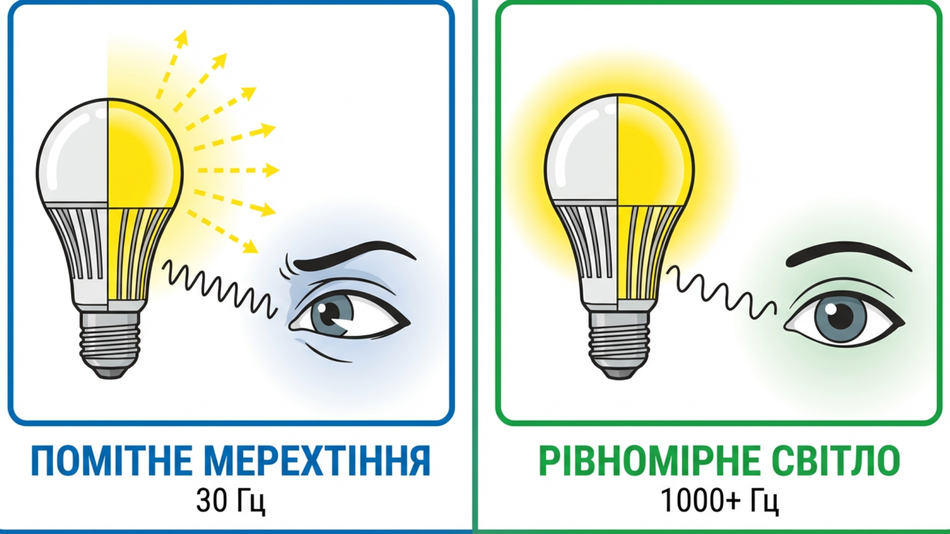 Восприятие мерцания глазом: низкая частота (заметное мигание) vs высокая частота (равномерный свет)