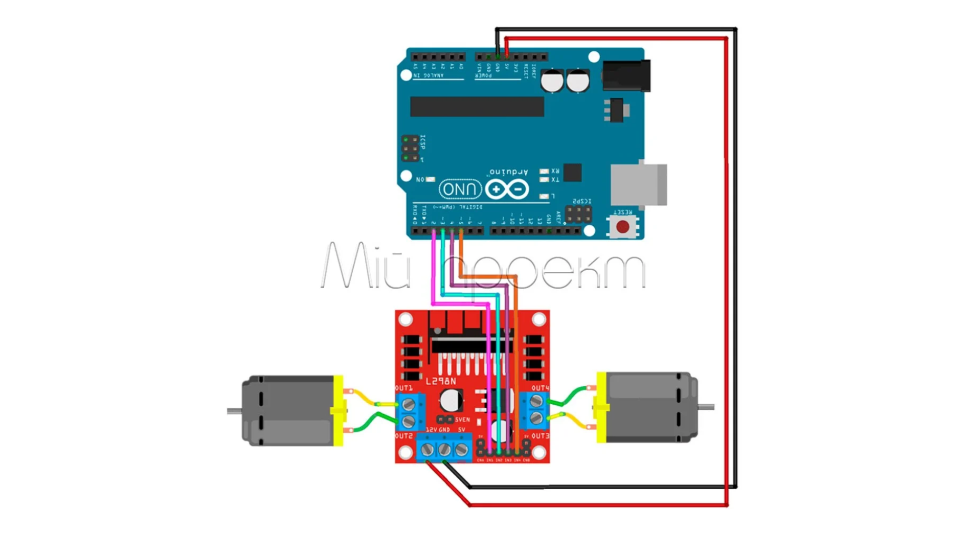 Схема подключения L298N к Arduino: ENA (PWM), IN1/IN2 (направление), мотор и питание
