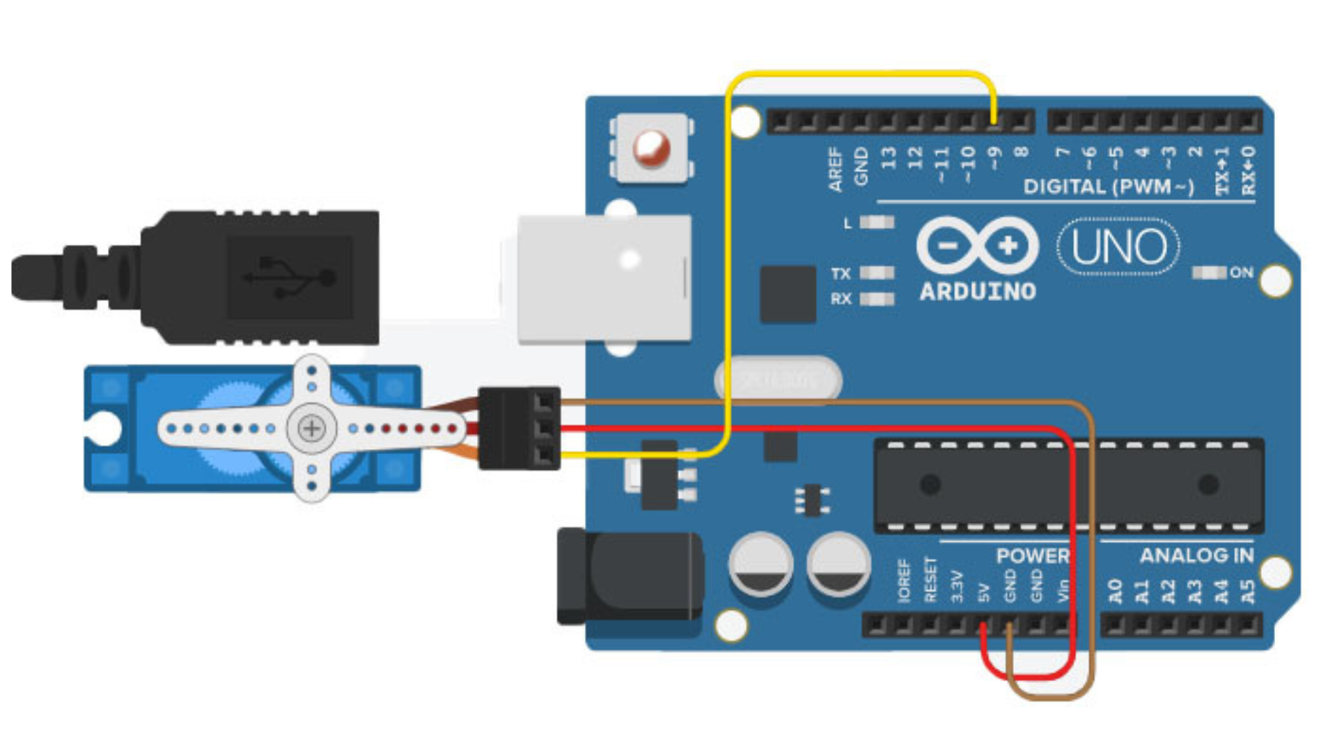 Схема подключения сервопривода: сигнал (оранжевый), питание (красный), земля (коричневый)