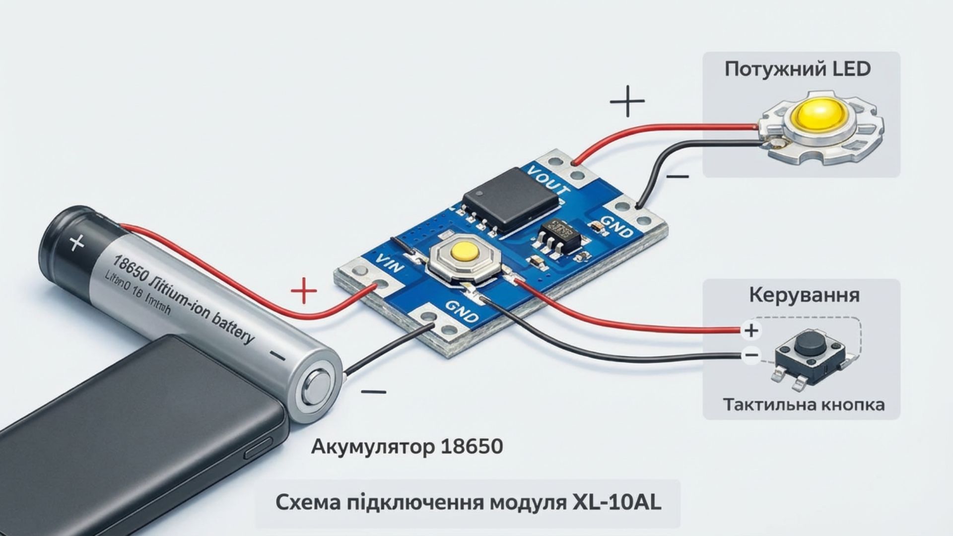 Схема підключення модуля XL-10AL до батареї та навантаження