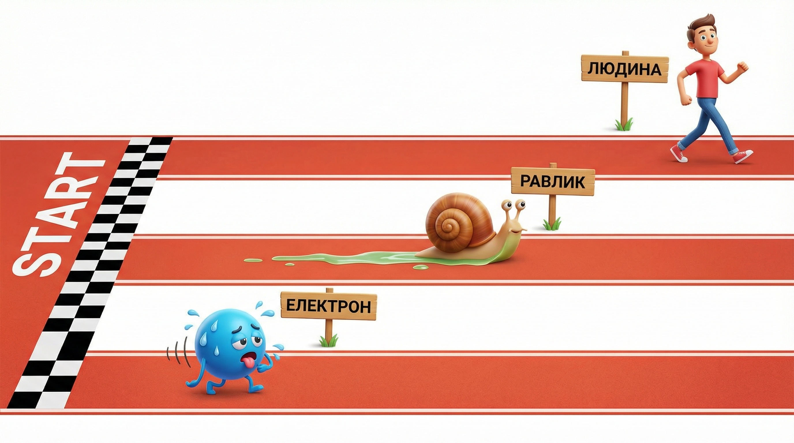 Інфографіка порівняння швидкості електронів, равлика та людини
