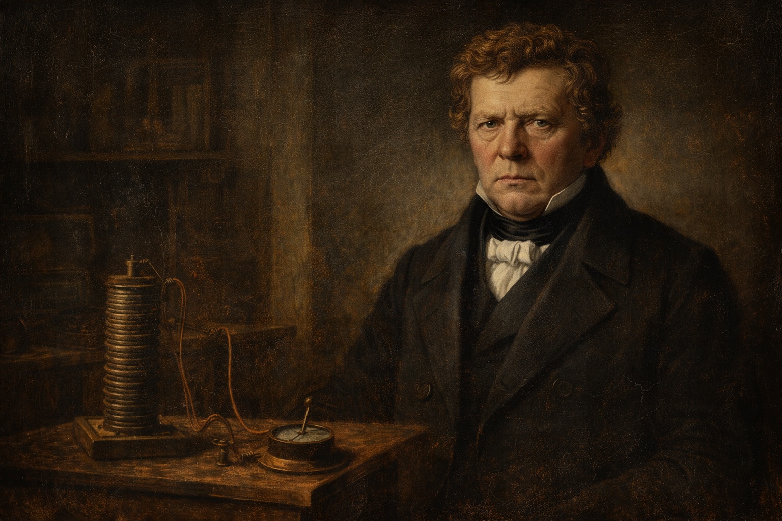 Портрет Георга Ома в лабораторії з експериментальним обладнанням