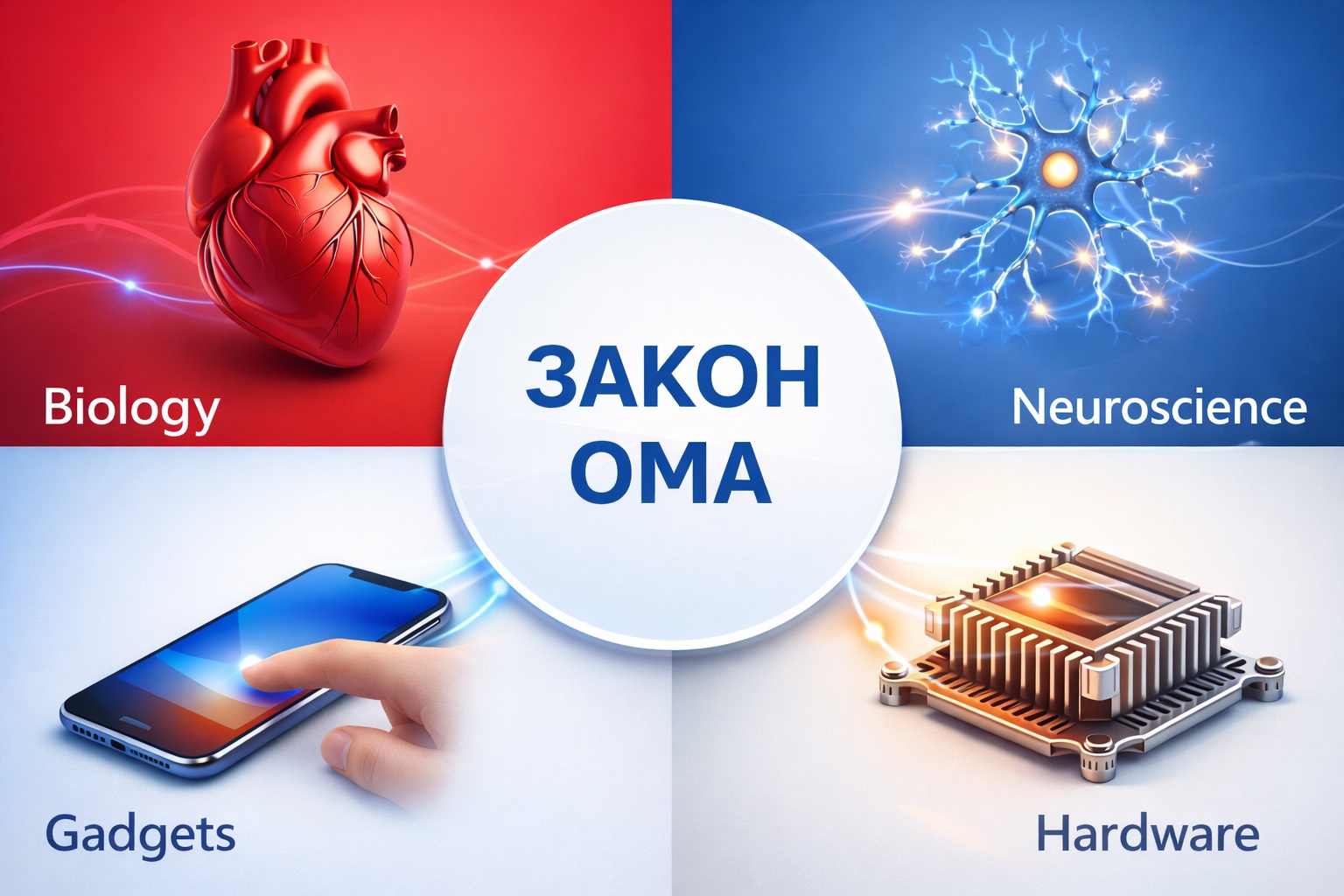 Колаж застосувань закону Ома: кровоносна система, нейрони, смартфон